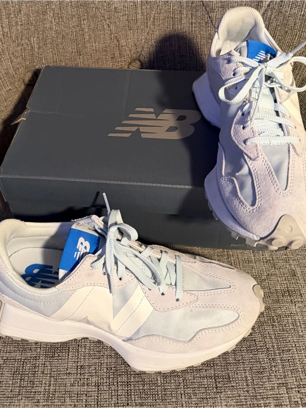 New Balance White & Pale Blue Suede Mesh Trainers with Blue Logo